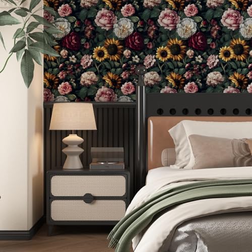 VOLEAAR Dark Green Floral Wallpaper Peel and Stick, Vintage Botanical Wallpapers Self-Adhesive Contact Paper for Bedroom Bookshelf Cabinet, Removable Vinyl Wall Paper Black Yellow Pink 17.5In x 118In - Image 2
