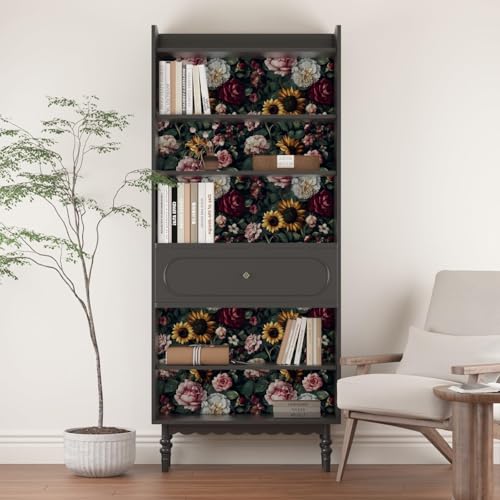 VOLEAAR Dark Green Floral Wallpaper Peel and Stick, Vintage Botanical Wallpapers Self-Adhesive Contact Paper for Bedroom Bookshelf Cabinet, Removable Vinyl Wall Paper Black Yellow Pink 17.5In x 118In - Image 5