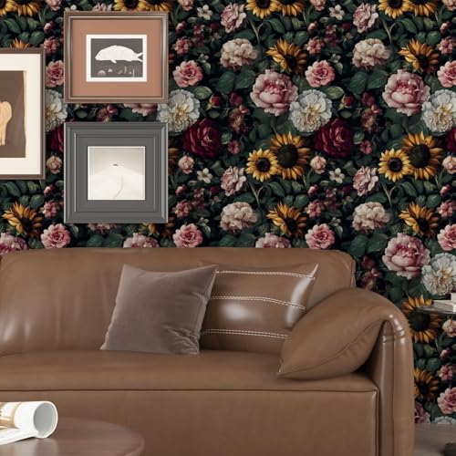 VOLEAAR Dark Green Floral Wallpaper Peel and Stick, Vintage Botanical Wallpapers Self-Adhesive Contact Paper for Bedroom Bookshelf Cabinet, Removable Vinyl Wall Paper Black Yellow Pink 17.5In x 118In - Image 3
