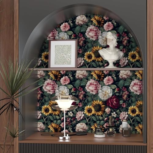 VOLEAAR Dark Green Floral Wallpaper Peel and Stick, Vintage Botanical Wallpapers Self-Adhesive Contact Paper for Bedroom Bookshelf Cabinet, Removable Vinyl Wall Paper Black Yellow Pink 17.5In x 118In - Image 4
