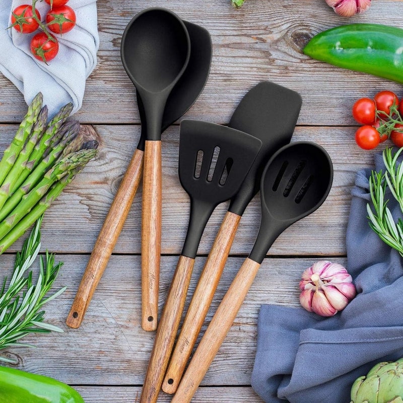 ZUNBELLA 5 Pcs Black Silicone Wooden Handle Spatula BPA Free Non Toxic Spatula Set Used for Bake Cooking Heat Resistant Kitchen Gadgets Durable Flexible Long Lasting Cooking Utensils - Image 2