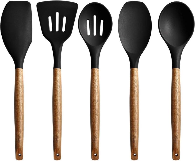 ZUNBELLA 5 Pcs Black Silicone Wooden Handle Spatula BPA Free Non Toxic Spatula Set Used for Bake Cooking Heat Resistant Kitchen Gadgets Durable Flexible Long Lasting Cooking Utensils - Image 1