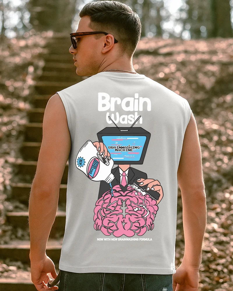 bewakoof Men's Grey Brain Wash Graphic Printed Boxy Fit Vest