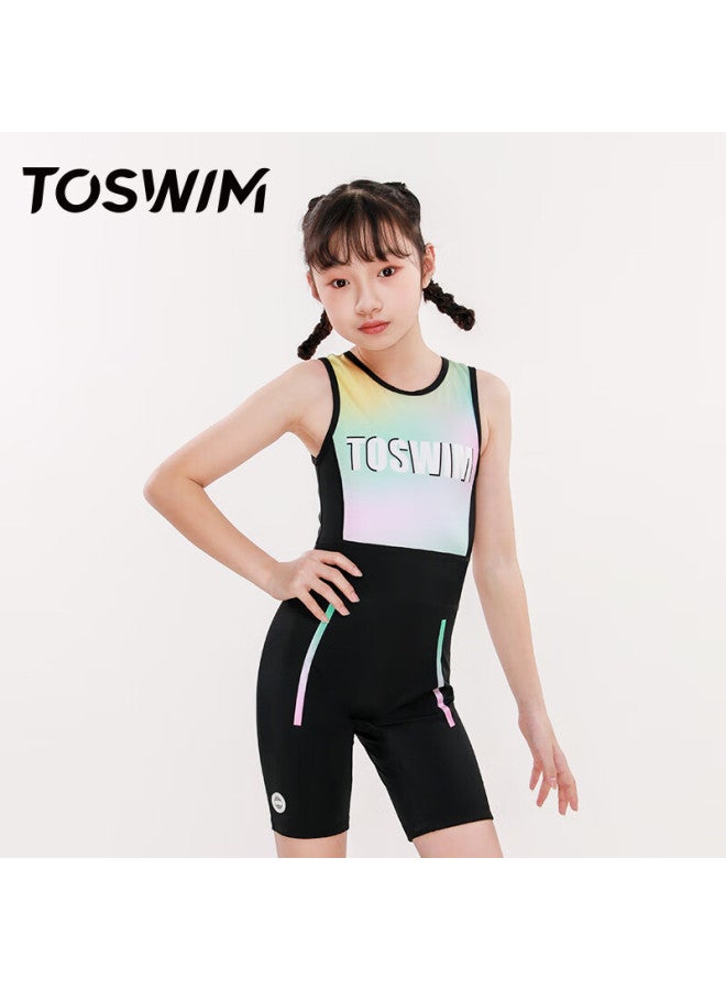 Toswim Children's One-piece Swimsuit, Professional Training Sleeveless And Knee-length Conservative Swimwear, Rainbow Holiday 150 - Image 4