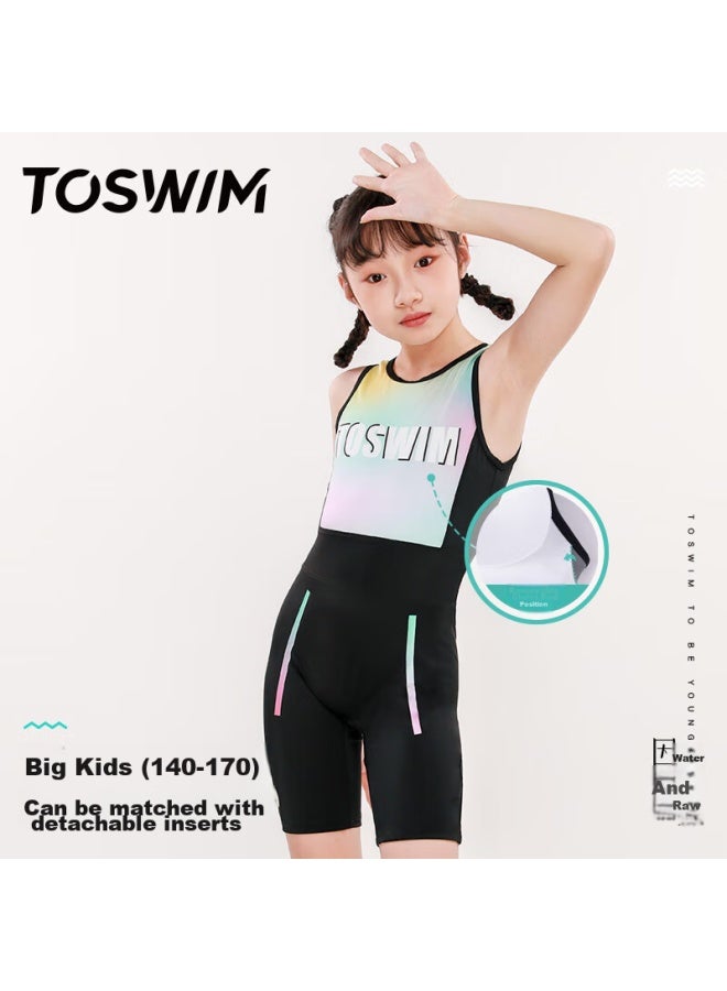 Toswim Children's One-piece Swimsuit, Professional Training Sleeveless And Knee-length Conservative Swimwear, Rainbow Holiday 150 - Image 2