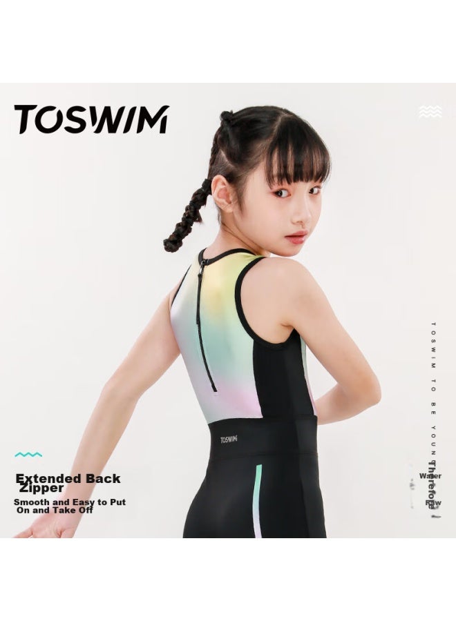 Toswim Children's One-piece Swimsuit, Professional Training Sleeveless And Knee-length Conservative Swimwear, Rainbow Holiday 150 - Image 3