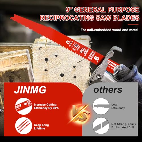jinmg 25 Pack 9 Inch 8/14TPI Reciprocating Saw Blades for Wood and Nail-Embedded Wood Demolition, Metal Cutting for 1/8-3/8 Medium Metals and PVC Pallets etc.- Compatible with Diablo Bi-Metal Sawzall Blades - Image 4