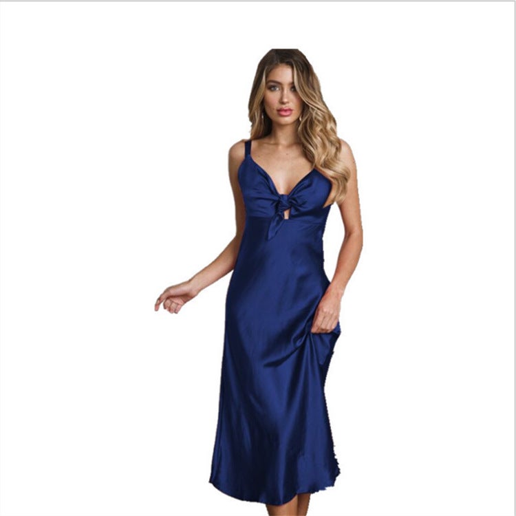 2020 AliExpress European and American style solid color sexy silk suspenders strapless stretch satin knotted silk dress black M - Image 4