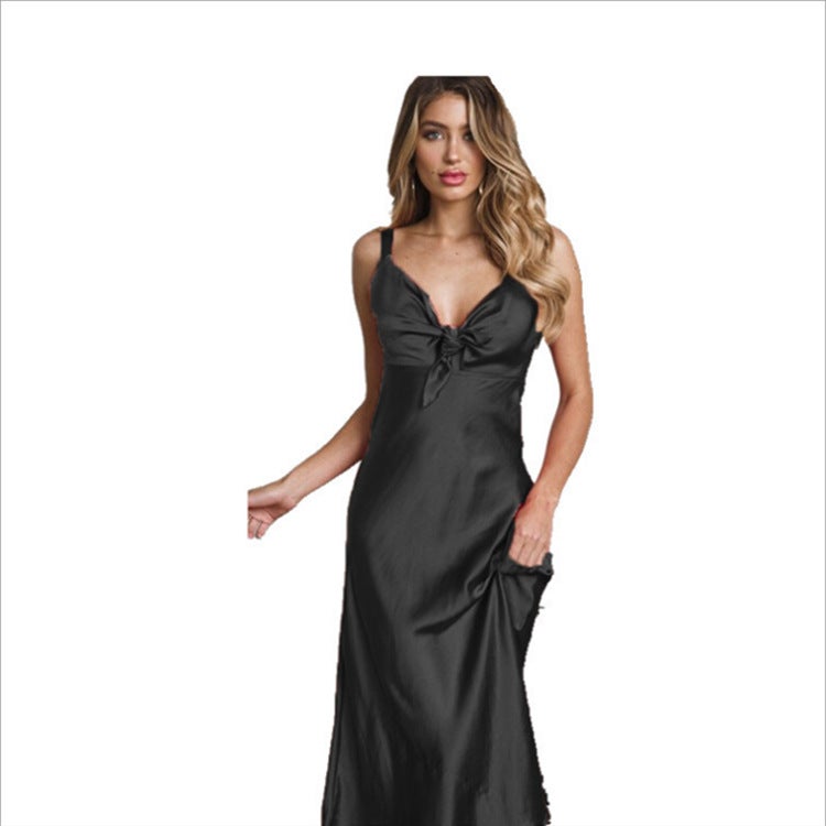 2020 AliExpress European and American style solid color sexy silk suspenders strapless stretch satin knotted silk dress black M - Image 3