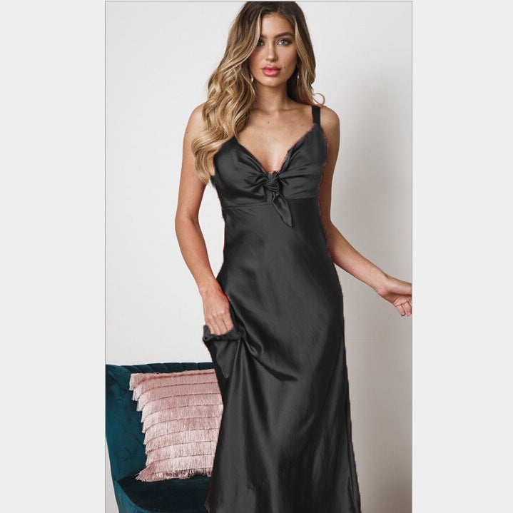 2020 AliExpress European and American style solid color sexy silk suspenders strapless stretch satin knotted silk dress black M - Image 1