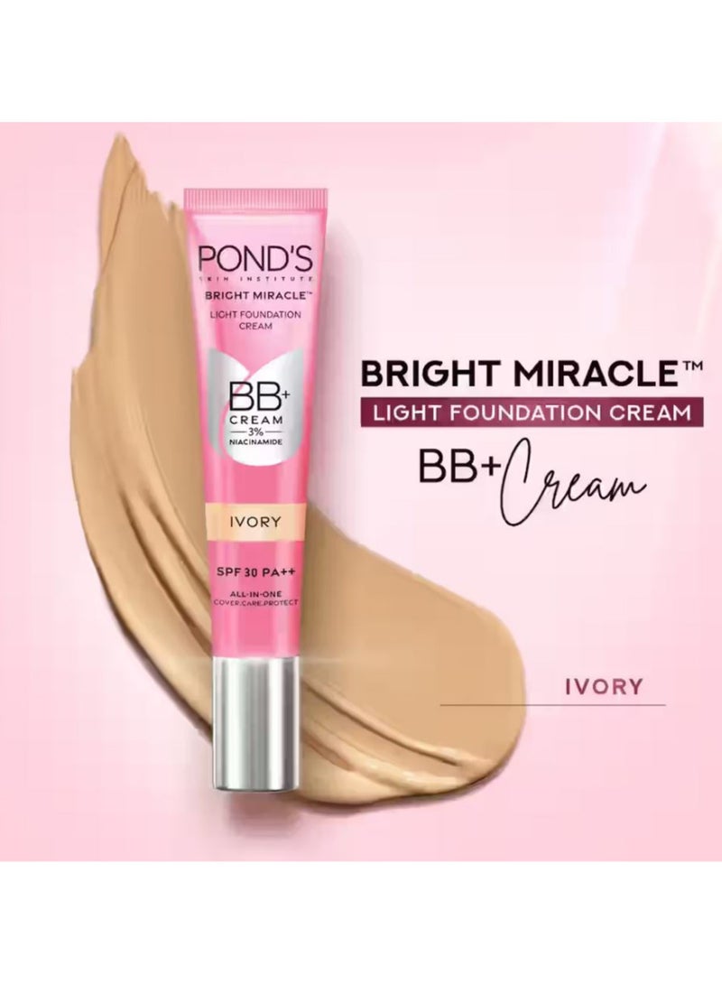 Pond's Bright Miracle Light Foundation BB+ Cream - Ivory 18g | 3% Niacinamide | SPF 30 PA++ | All-in-One Cover Care Protect - Image 1