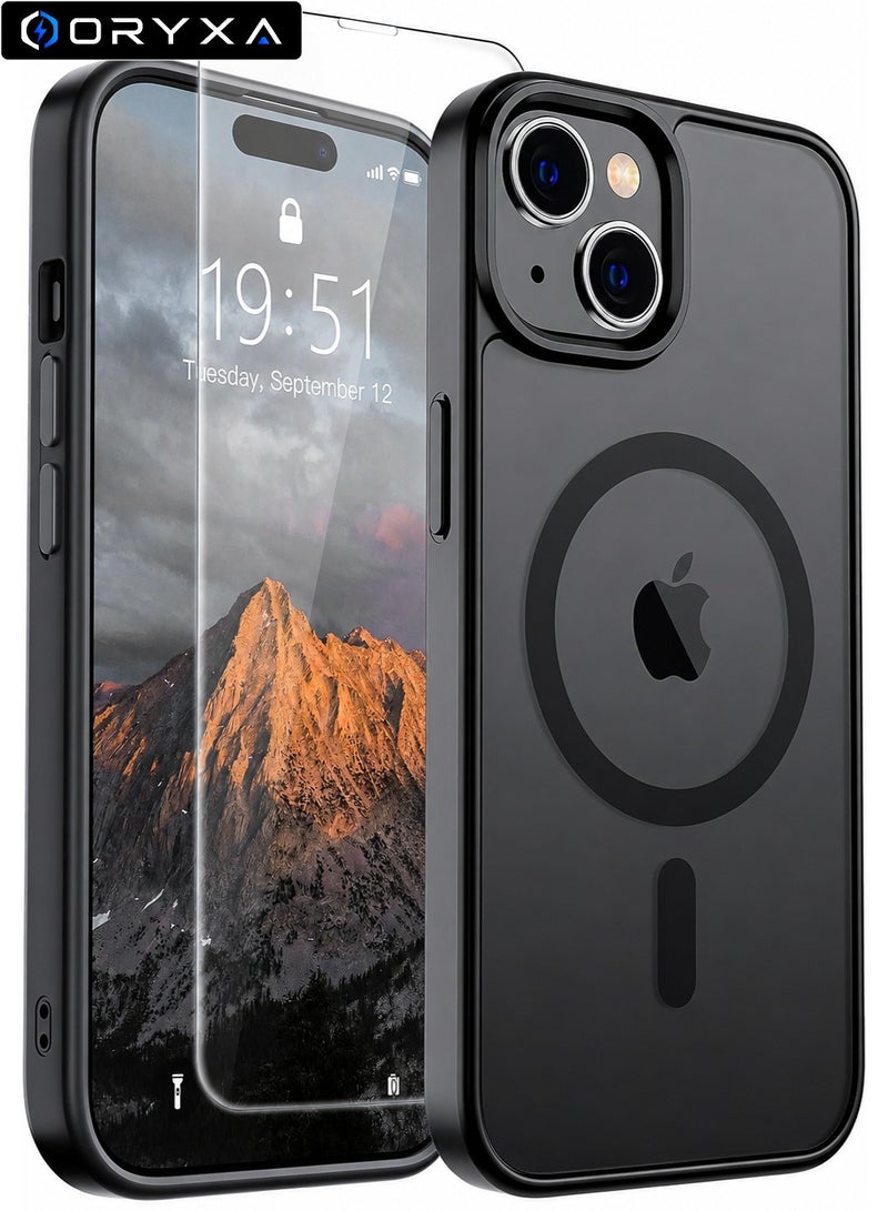 ORYXA iPhone 15 Case, 2 IN 1 Magnetic Phone Cover + Screen Protector, For iPhone 15, Compatible with MagSafe, Translucent Matte Shockproof Cover, Slim Full Protection, Black - Image 1