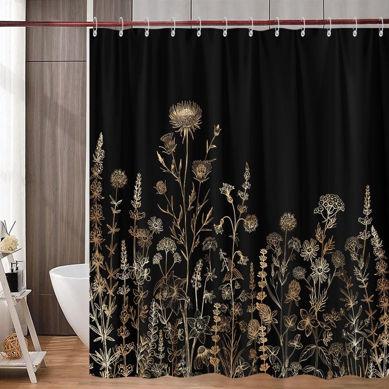 GOAOK Vintage Black and Gold Boho Shower Curtain, Black and Tan Cream Floral Aesthetic Dark Wildflower Botanical Flowers Shower Curtain for Bathroom with Hook,Farmhouse Plant Art Chic Shower Curtain 72X72 - Image 5