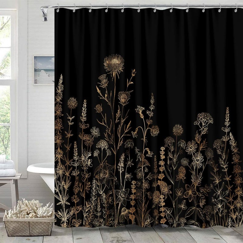 GOAOK Vintage Black and Gold Boho Shower Curtain, Black and Tan Cream Floral Aesthetic Dark Wildflower Botanical Flowers Shower Curtain for Bathroom with Hook,Farmhouse Plant Art Chic Shower Curtain 72X72 - Image 4