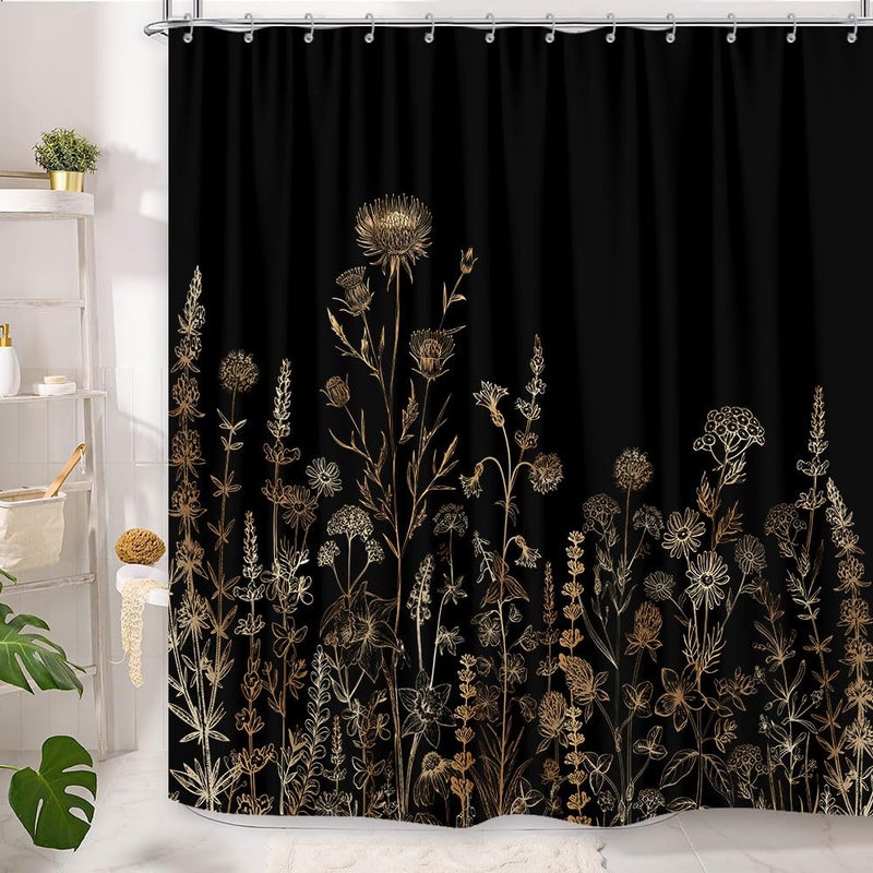 GOAOK Vintage Black and Gold Boho Shower Curtain, Black and Tan Cream Floral Aesthetic Dark Wildflower Botanical Flowers Shower Curtain for Bathroom with Hook,Farmhouse Plant Art Chic Shower Curtain 72X72 - Image 3