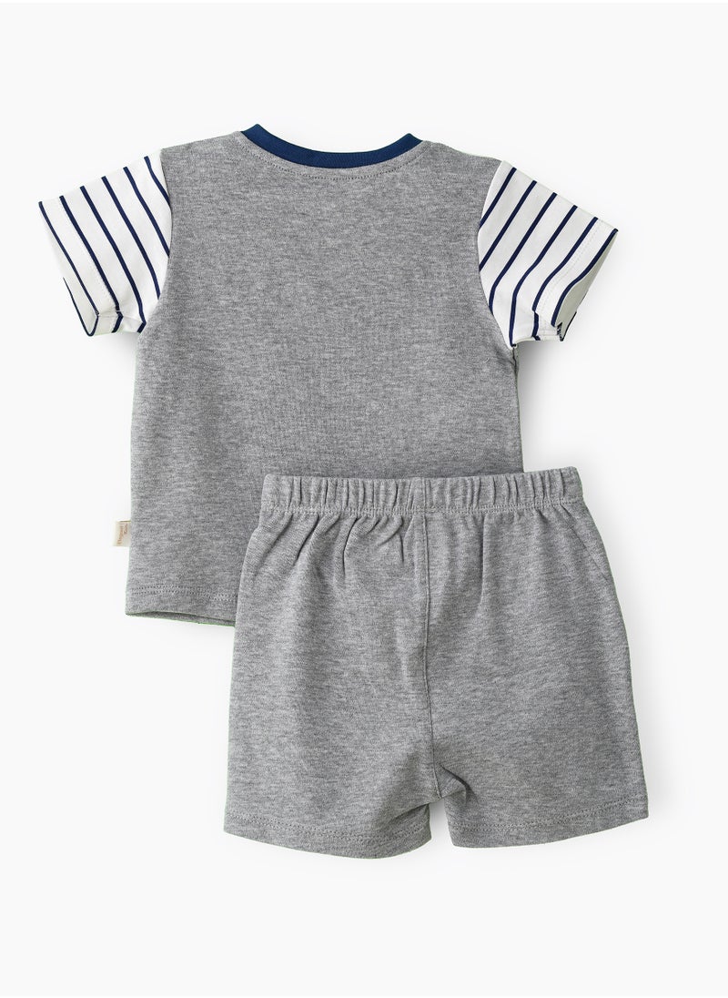 Elegant Kids - Boys' Striped Bear Face T-Shirt & Grey Knit Shorts Set - Image 1