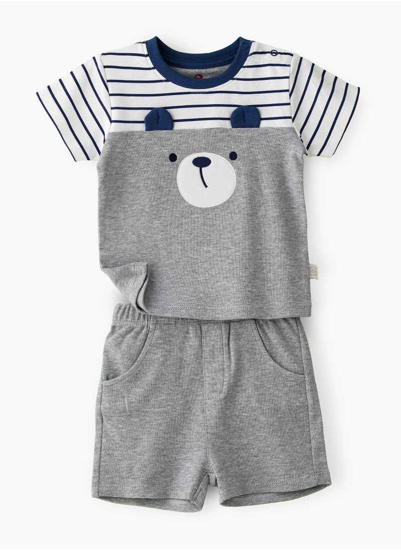 Elegant Kids - Boys' Striped Bear Face T-Shirt & Grey Knit Shorts Set - Image 1