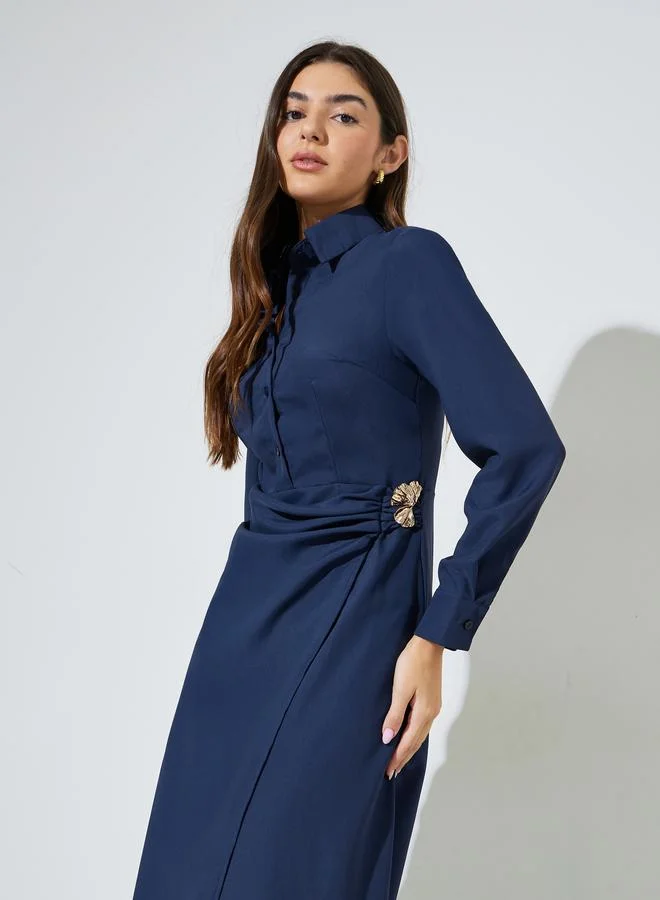 Styli  Nave Blue Solid Long Sleeve Shirt Midi Dress with Embellishment for Women | Best Price UAE