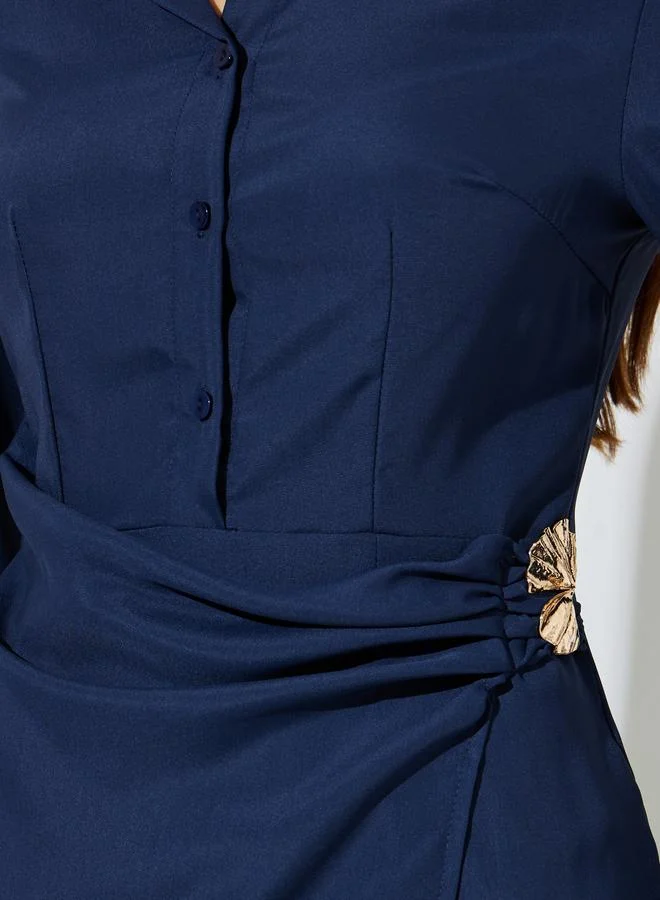 Styli  Nave Blue Solid Long Sleeve Shirt Midi Dress with Embellishment for Women | Best Price UAE