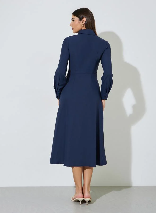 Styli  Nave Blue Solid Long Sleeve Shirt Midi Dress with Embellishment for Women | Best Price UAE