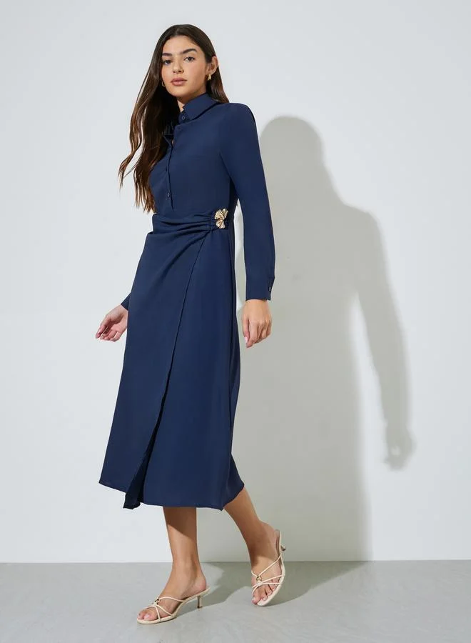 Nave Blue Solid Long Sleeve Shirt Midi Dress with Embellishment