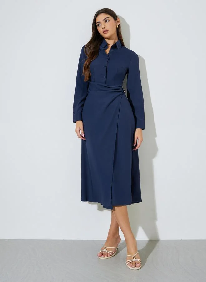 Styli  Nave Blue Solid Long Sleeve Shirt Midi Dress with Embellishment for Women | Best Price UAE