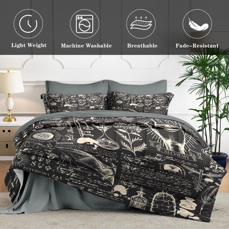 WeCozy 7 Pcs Queen Size Comforter Set with 2 Pillowcases & 2 Shams, Gothic Goth Bat Chemistry Science Bedding for Kids and Adults, Vintage Dark Academia Medieval Bed in a Bag with Flat Fitted Sheet - Image 4