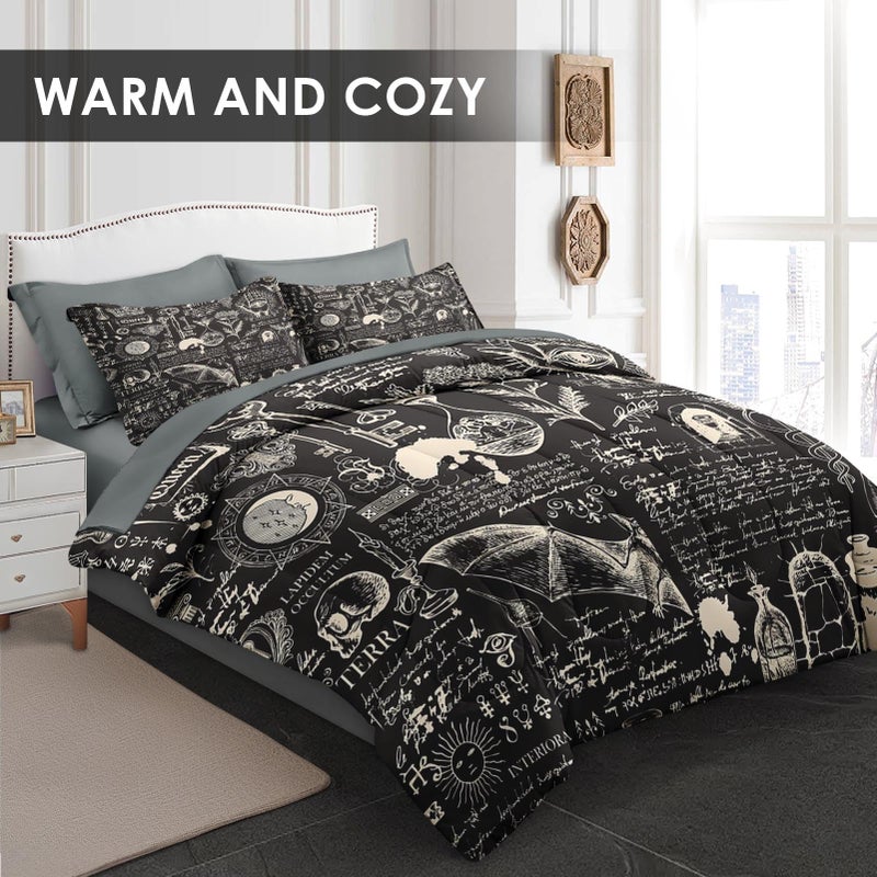 WeCozy 7 Pcs Queen Size Comforter Set with 2 Pillowcases & 2 Shams, Gothic Goth Bat Chemistry Science Bedding for Kids and Adults, Vintage Dark Academia Medieval Bed in a Bag with Flat Fitted Sheet - Image 3