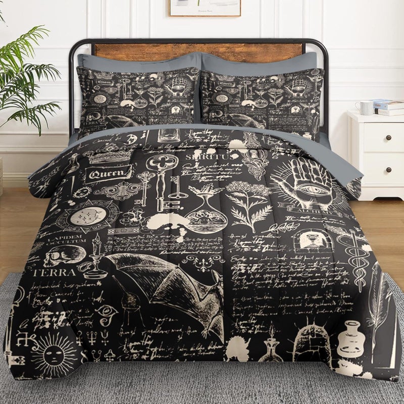 WeCozy 7 Pcs Queen Size Comforter Set with 2 Pillowcases & 2 Shams, Gothic Goth Bat Chemistry Science Bedding for Kids and Adults, Vintage Dark Academia Medieval Bed in a Bag with Flat Fitted Sheet - Image 2