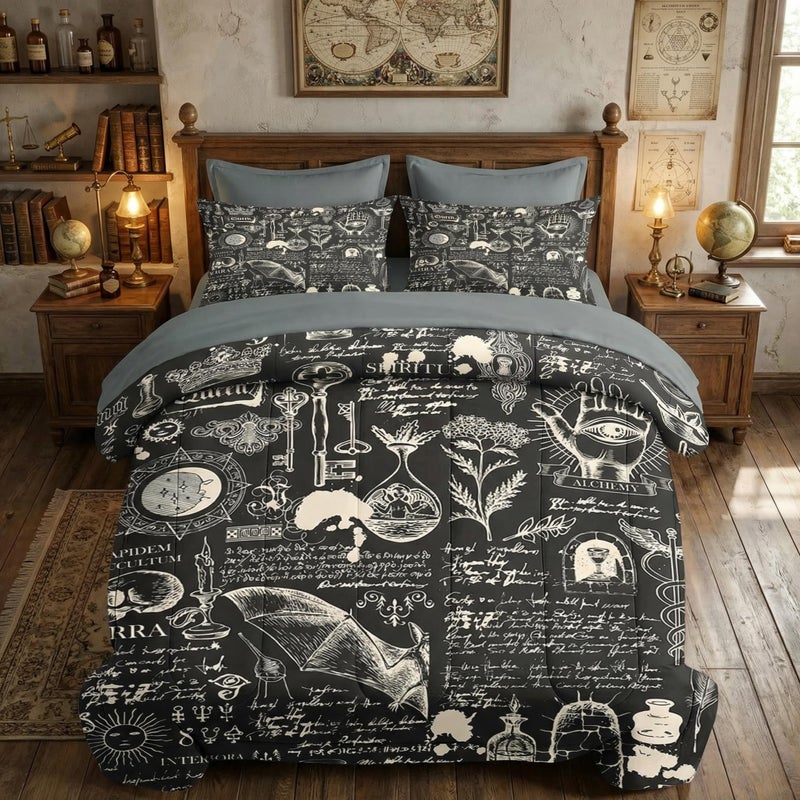 WeCozy 7 Pcs Queen Size Comforter Set with 2 Pillowcases & 2 Shams, Gothic Goth Bat Chemistry Science Bedding for Kids and Adults, Vintage Dark Academia Medieval Bed in a Bag with Flat Fitted Sheet - Image 1