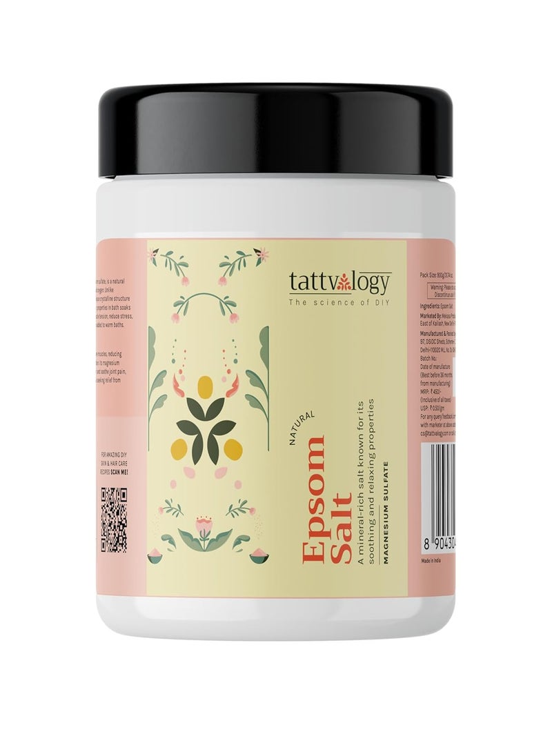 Tattvalogy Pharma Grade Epsom Salt Magnesium Sulphate For Muscle Relief Feet Soak Relieves Aches Pain Gardening Plants Used In Bath and Foot soak Face Cleanser In Glass Jar 900 GM - Image 1
