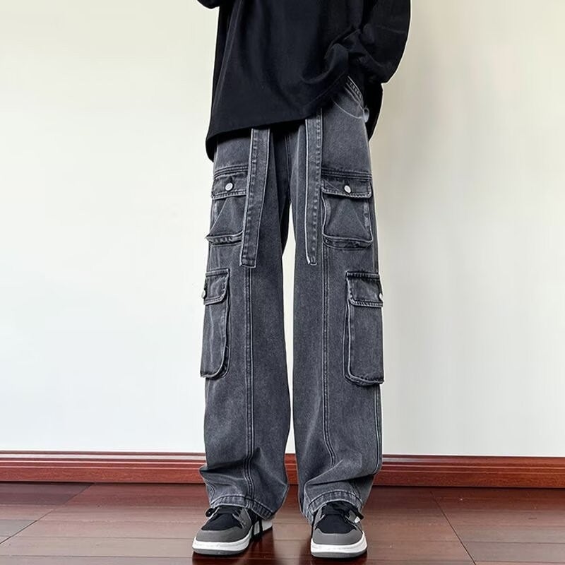 Coil Jeans Mens Autumn Multi-pocket Trendy Brand Functional Pants American Street Loose plus size Straight Casual Pants Black