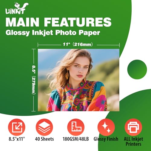 Uinkit Bright White Single Sided Glossy Photo Paper 8.5x11 Letter Size 180gsm 48lb Instant Dry Dye Inkjet Paper, Smudge Resistant Professional Printing Papers for Home/Office Trial Use (40, 8.5x11) - Image 3