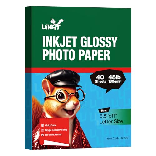 Uinkit Bright White Single Sided Glossy Photo Paper 8.5x11 Letter Size 180gsm 48lb Instant Dry Dye Inkjet Paper, Smudge Resistant Professional Printing Papers for Home/Office Trial Use (40, 8.5x11) - Image 1
