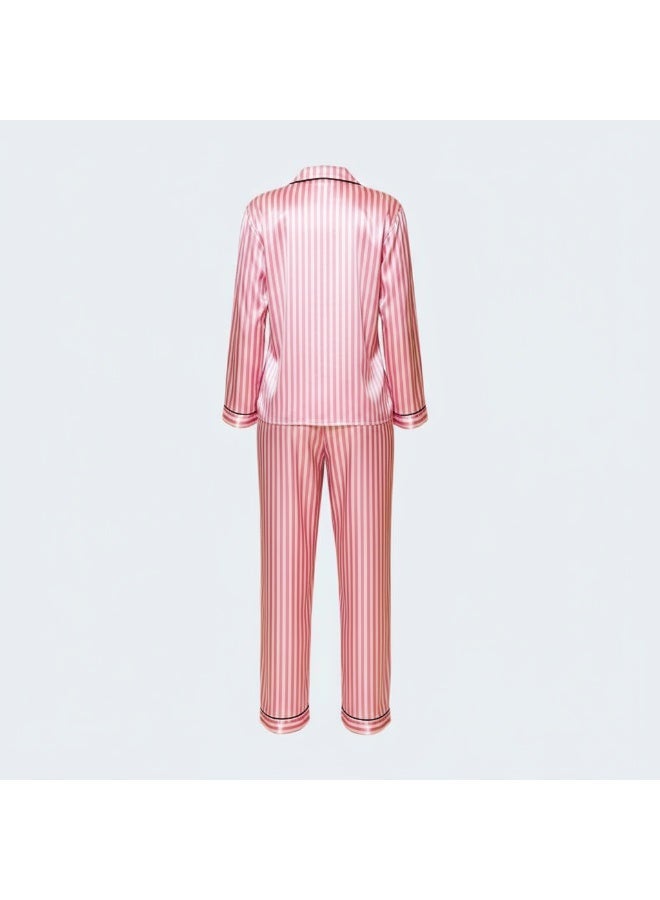 Luxury Striped Satin Pajama Set – 2 Pieces | Long Sleeve Shirt & Full-Length Pants - Image 2