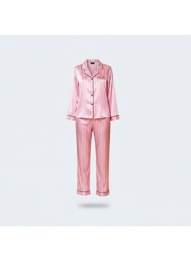 Luxury Striped Satin Pajama Set – 2 Pieces | Long Sleeve Shirt & Full-Length Pants - Image 1