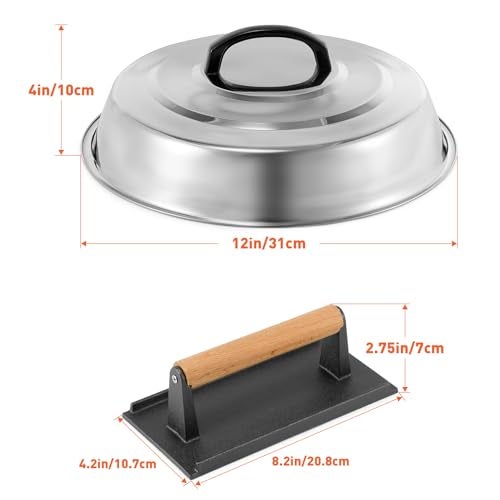 ZBXFCSH BBQ Accessories 12 Inch Round Stainless Steel Basting Cover - Cheese Melting Dome Rectangle Cast Iron Grill Press Kit for Hamburger Bacon Steak, Best for Blackstone Camp Chef Flat Top Griddle Grill - Image 2