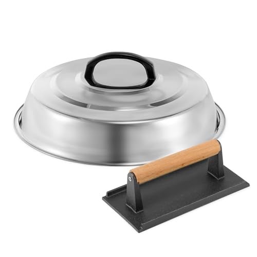 ZBXFCSH BBQ Accessories 12 Inch Round Stainless Steel Basting Cover - Cheese Melting Dome Rectangle Cast Iron Grill Press Kit for Hamburger Bacon Steak, Best for Blackstone Camp Chef Flat Top Griddle Grill - Image 1