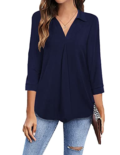 Newchoice Shirts for Women Dressy Casual Hide Tummy, V Neck 3/4 Sleeve Work Blouses Trendy Loose Fit Tunic Tops (Navy Blue, XXL) - Image 1