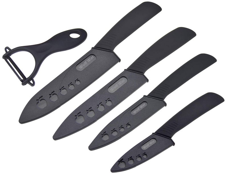 Wolf War Ceramic Knife Ceramic Knife Set with Protective Cover Kitchen Knife Set with 4Piece Knife and 1 Peeler Chefs Knife Sets for Meat Fruit Vegetables  Black