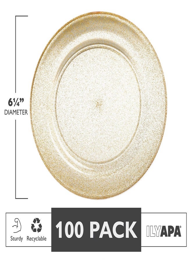 Ilyapa 100 Pack 6 Inch Disposable Dessert Plates, Plastic Clear Party Plate Sets for 100 Guests, Clear Appetizer and Cake Plates 6", Party & Dinner Accessories, Gold Glitter - Image 2