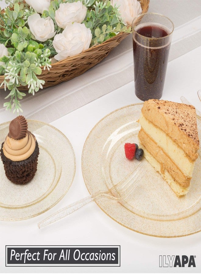 Ilyapa 100 Pack 6 Inch Disposable Dessert Plates, Plastic Clear Party Plate Sets for 100 Guests, Clear Appetizer and Cake Plates 6", Party & Dinner Accessories, Gold Glitter - Image 4