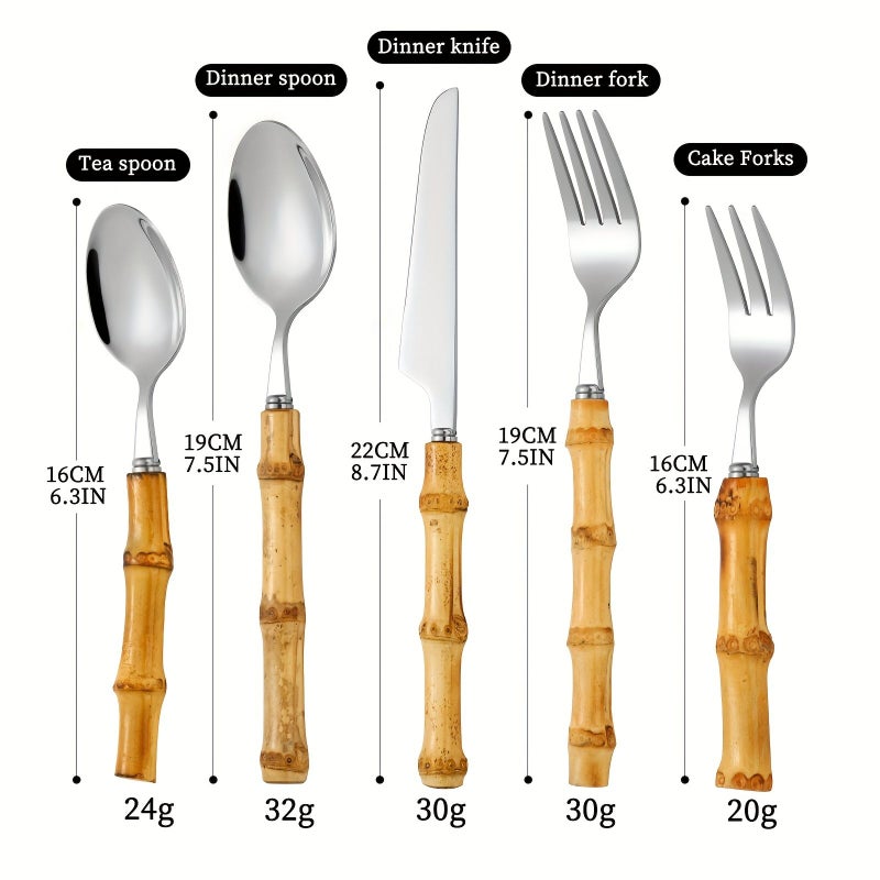 20 Pieces Golden Bamboo Handled Stainless Steel Flatware Set For 4 People Dishwasher Safe Suitable For Outdoor Everyday Use And Gatherings - Image 1