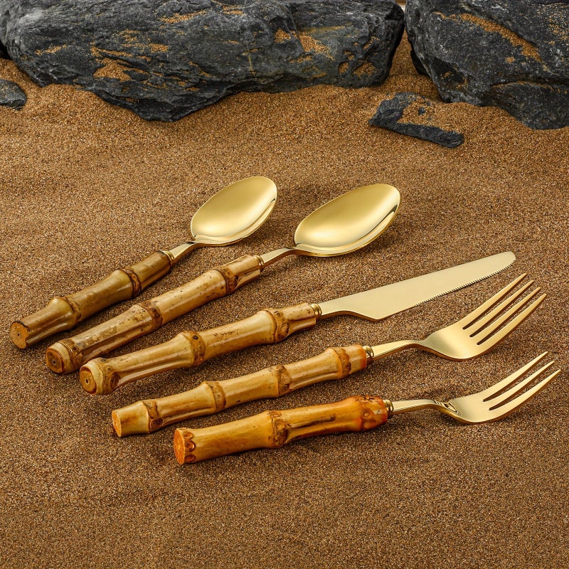 20 Pieces Golden Bamboo Handled Stainless Steel Flatware Set For 4 People Dishwasher Safe Suitable For Outdoor Everyday Use And Gatherings - Image 3