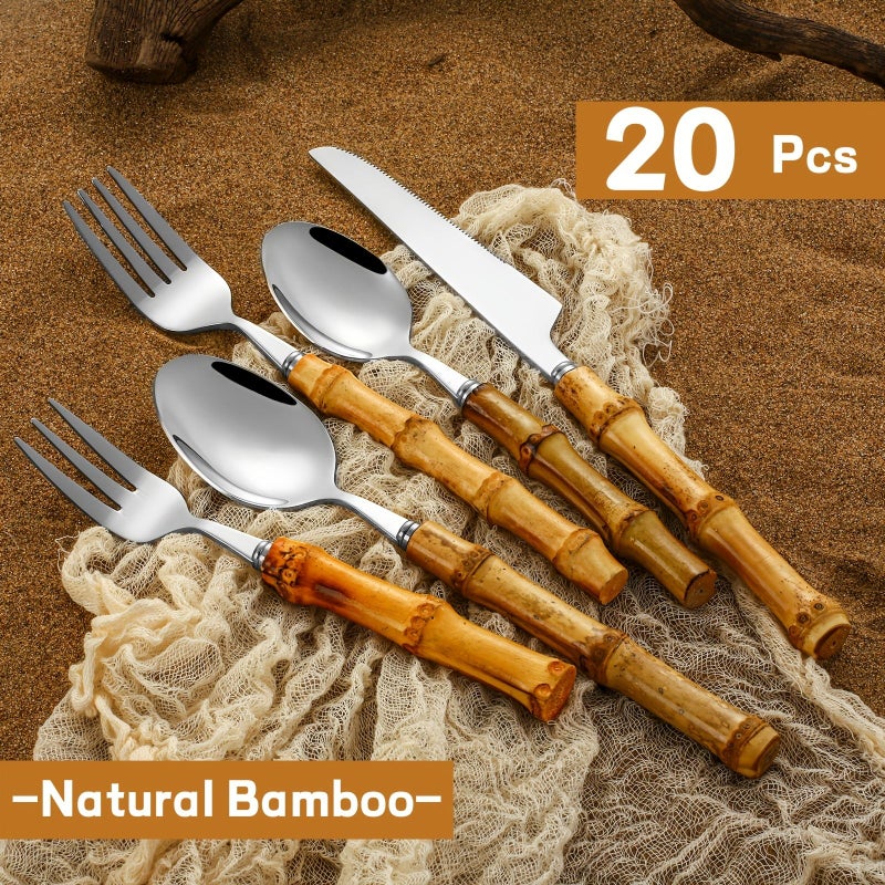 20 Pieces Golden Bamboo Handled Stainless Steel Flatware Set For 4 People Dishwasher Safe Suitable For Outdoor Everyday Use And Gatherings - Image 2