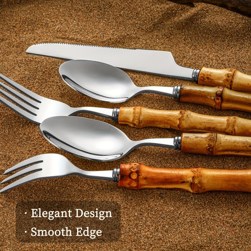 20 Pieces Golden Bamboo Handled Stainless Steel Flatware Set For 4 People Dishwasher Safe Suitable For Outdoor Everyday Use And Gatherings - Image 4