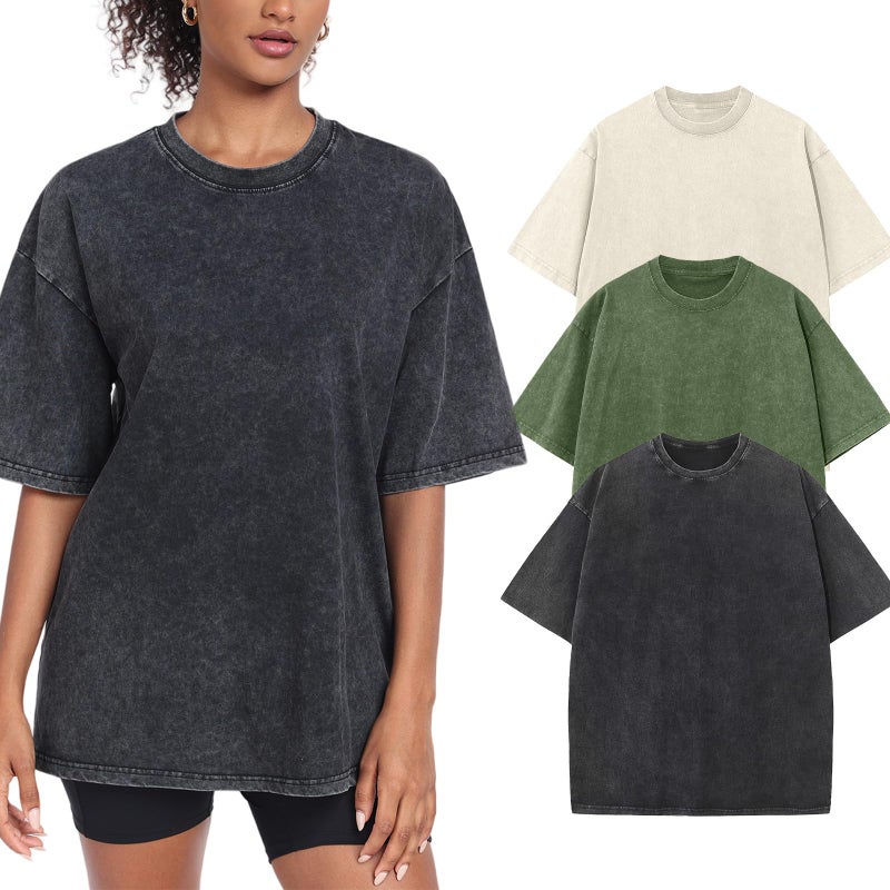 SnowElve 3 Pack Womens Washed Vintage Oversized T-Shirt Baggy Workout Tops Short Sleeve Cotton Tshirts Streetwear Boyfriend Tee(W-BKAGBG,m) - Image 1