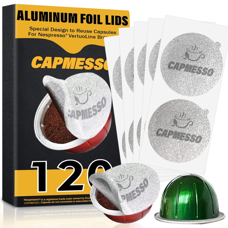 CAPMESSO Aluminum Foil Lids for Reusable Nespresso Vertuoline Pods Coffee Pods Sticker Covers Seals Compatible with Nespresso Reusable Pods Vertuoline Refillable Vertuoline Capsule 120 pcs