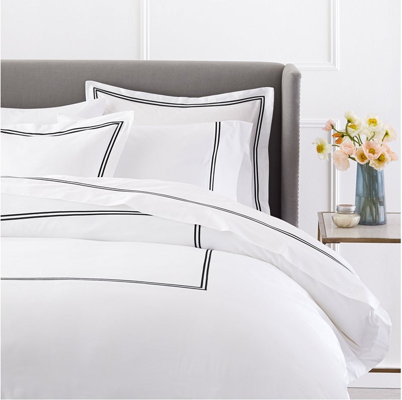 BedDecor Luxury Soft Brushed 400-Thread-Count Egyptian Cotton Embroidered Duvet Cover Set with Beautiful 2-Stripe Embroidery - - Full/Queen - White/Black - Image 1