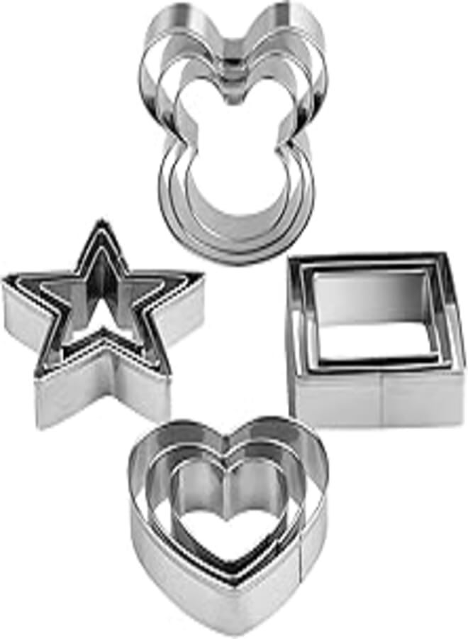 12-piece biscuit cutting set, dough cutting molds for making biscuits and pastries for baking in the shape of (star - Mickey - heart - square) in different sizes - cake decorating tools.